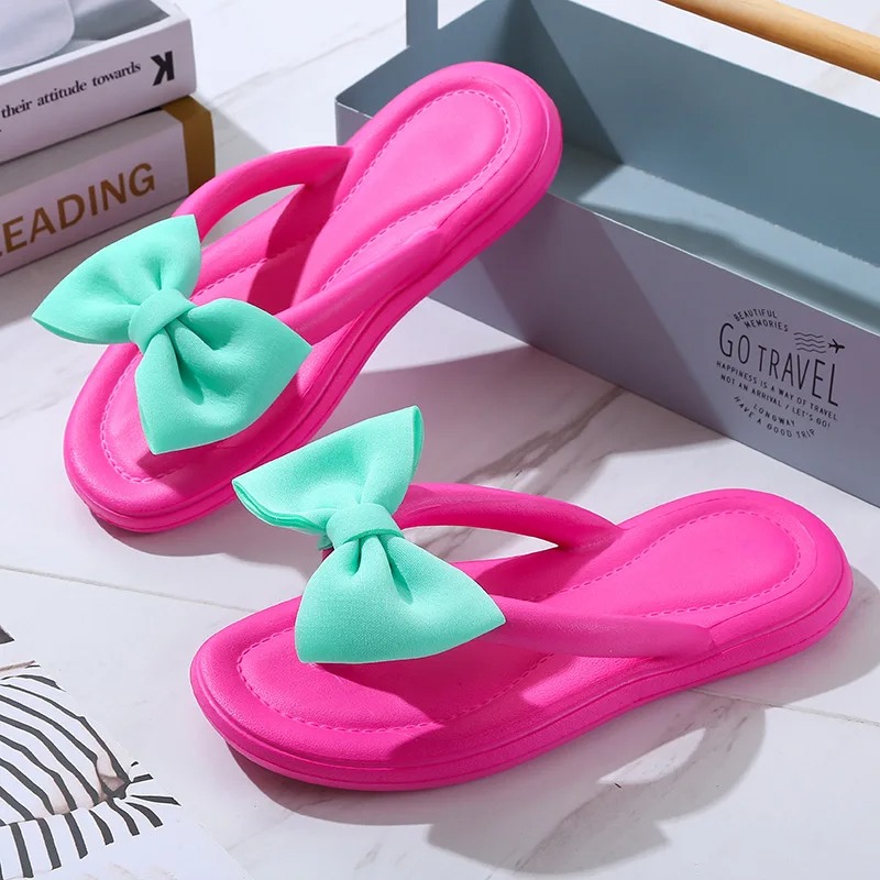 Bow Tie Slippers for Women Sweet Bow Tie Flip Flops Outdoor EVA Non-Slip Beach Shoes, Comfortable Sandals Summer Fashion Sneakers Ideal for Girls