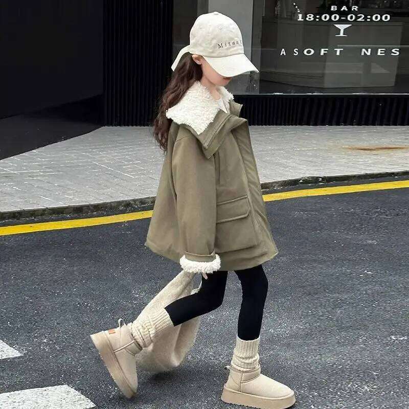 Thickened Fleed Collared Korean Style Cargo Jacket For Big Kids Girls Warm & Insulated Outdoor Winter Coat