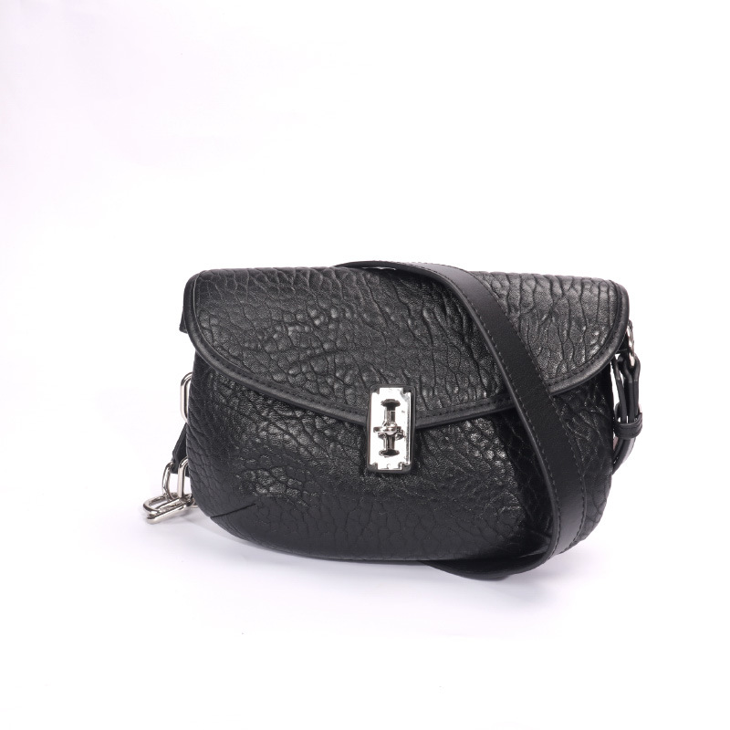 Women Fashion Casual Black Sheepskin Small Capacity Saddle Buckle Bagsain Strap Single Shoulder Armpit Crossbody Bag