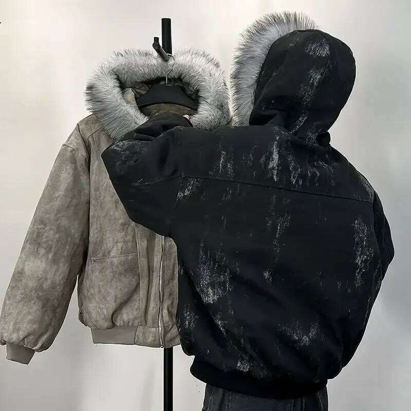 Cotton With Fur Collar Eagle Embroidered Tie-Dyeed Winter Men's Design Outdoor Jacket Thick And Comfortable