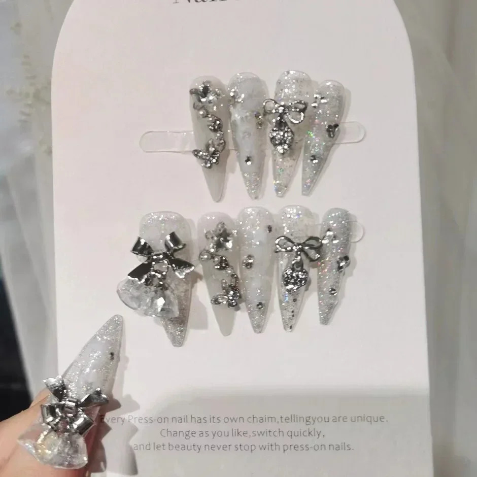 Glitter Handmade Nails Broken Diamond Gradient Fake Nails Snowflakes Nail Art Patches Bowknot Bells Christmas Nail 251015