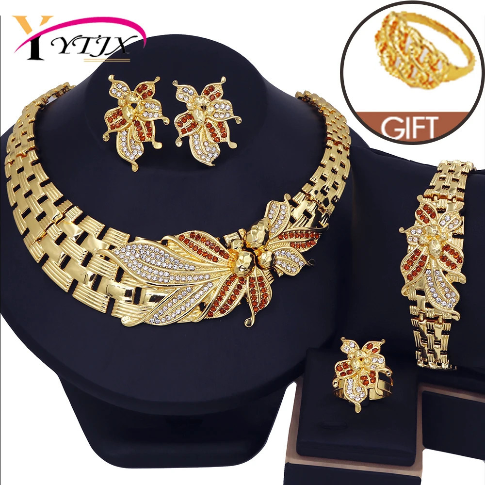 YTJX Wedding Jewelry Set Africal Big Flower Choker Necklace Fine Zircon Bracelet Piercing Earring Ring 18K Gold Plated Jewellery 251016