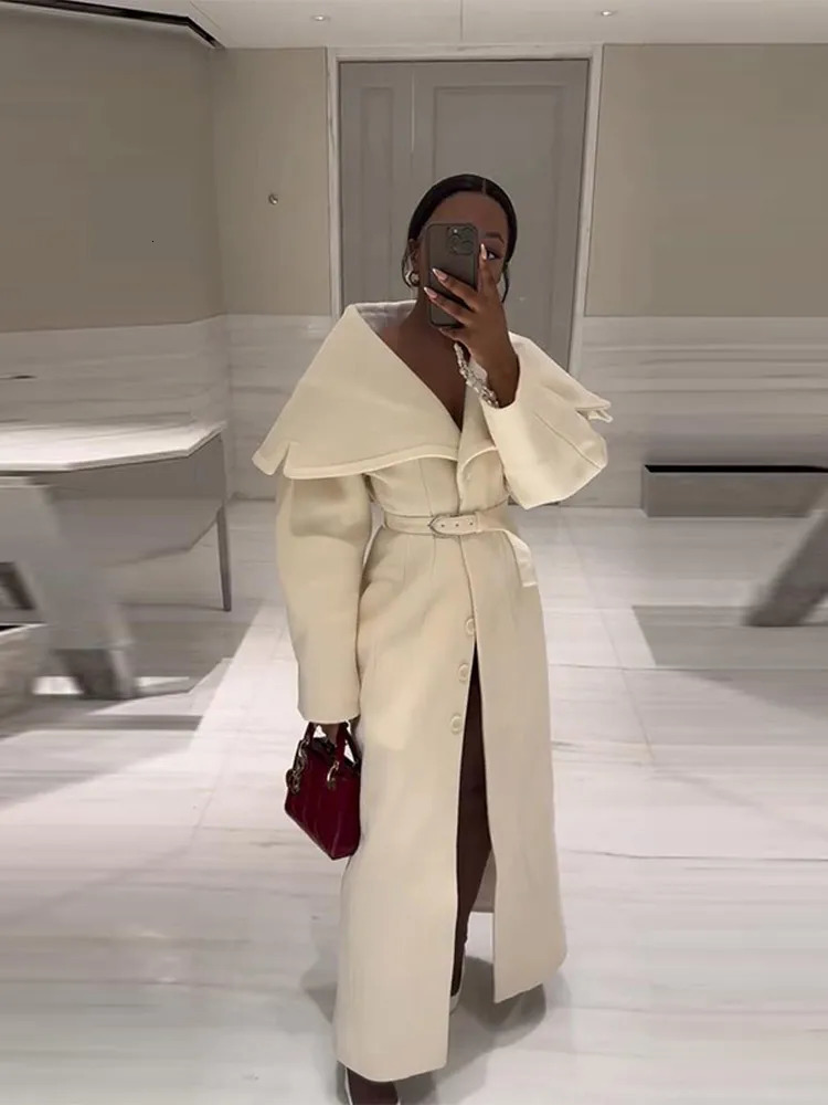 Elegant Womens Wool Blend Maxi Dress Coat Oversized Cape Lapel Belted Chic Outerwear Loose Warm Autumn Winter Fashion Outfit 251015