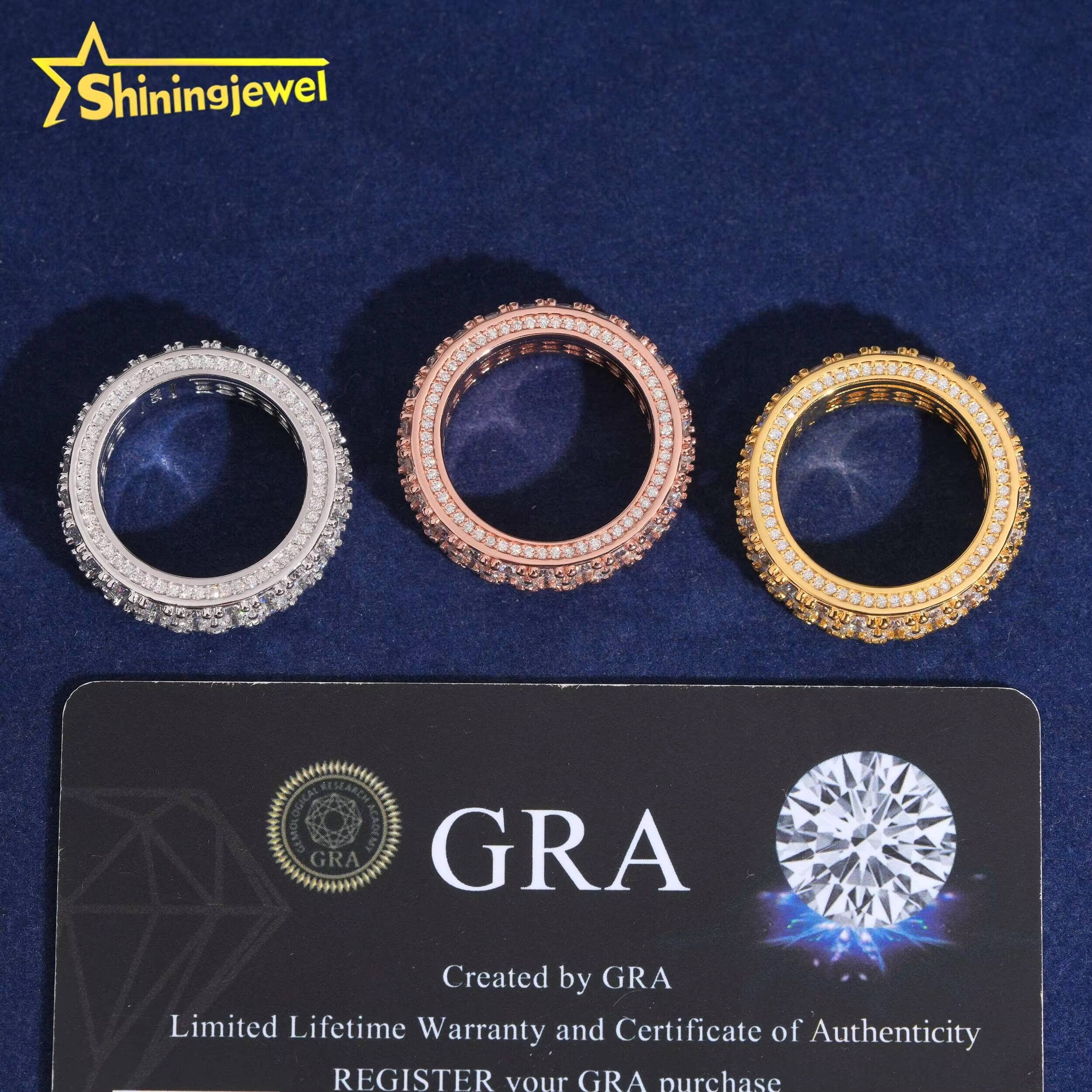 3 Rows Diamond Iced Out Ring Fashion Hip Hop Ring Gra Certified VVS Moissanite Jewelry for Men