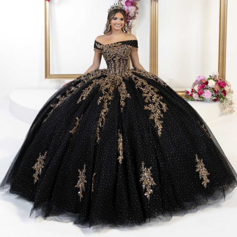 Black Shiny Quinceanera Dresses Off The Shoulder Applique Lace Beading Crystal Tull Corset Party Birthday Sweet 16 Dres Vestidos 15 De Anos