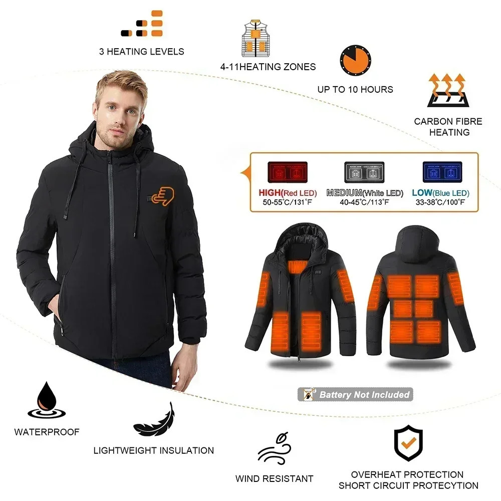Mens Winter 11 Areas Heated Jacket USB Electric Heating Parka Selfheating Clothes Ski Windproof Hooded Padded Coat 6XL 251018