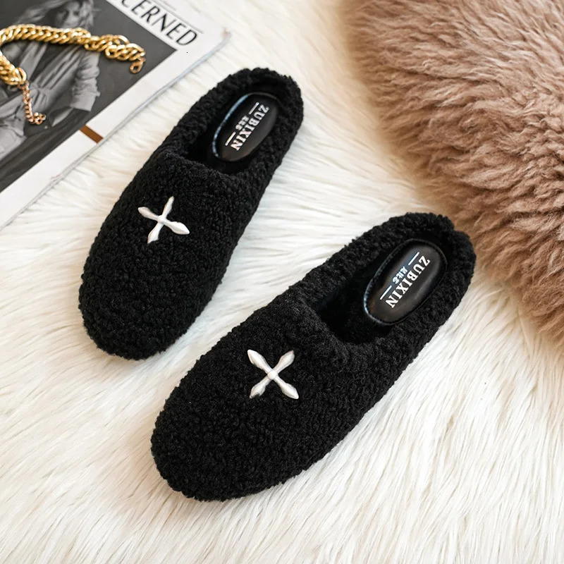 Big Size 4243 Women Lambswool Slippers Embroider Shoes Winter White Fur Slides Pantufla Loafers Femme Plush Cotton Woolen Mules 251013