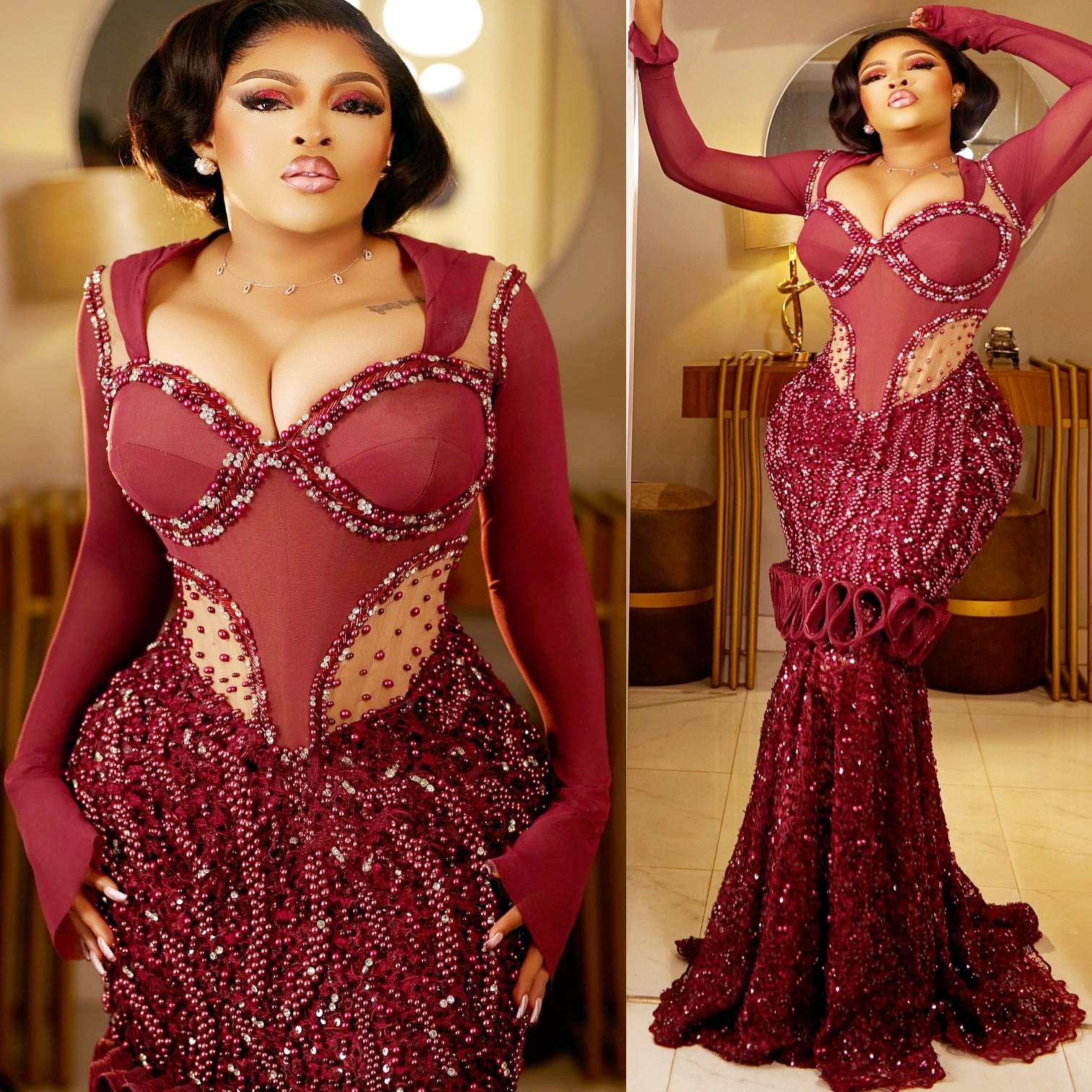 Burgundy Mermaid Prom Dresses 2025 Pearls Crystals Illusion Lace Evening Formal Party Second Birthday Engagement Gowns Plus Size Dress For Special Occ