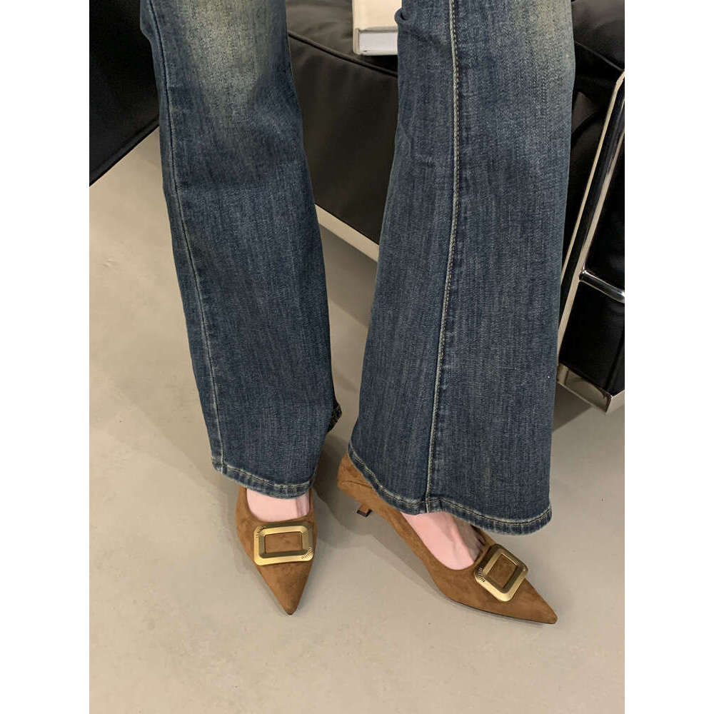 Pointed Toe Suede Elegant Designer Shoe Single Shoes for Women Slimming, Metal Buckle Shallow Mouth Kitten Heels