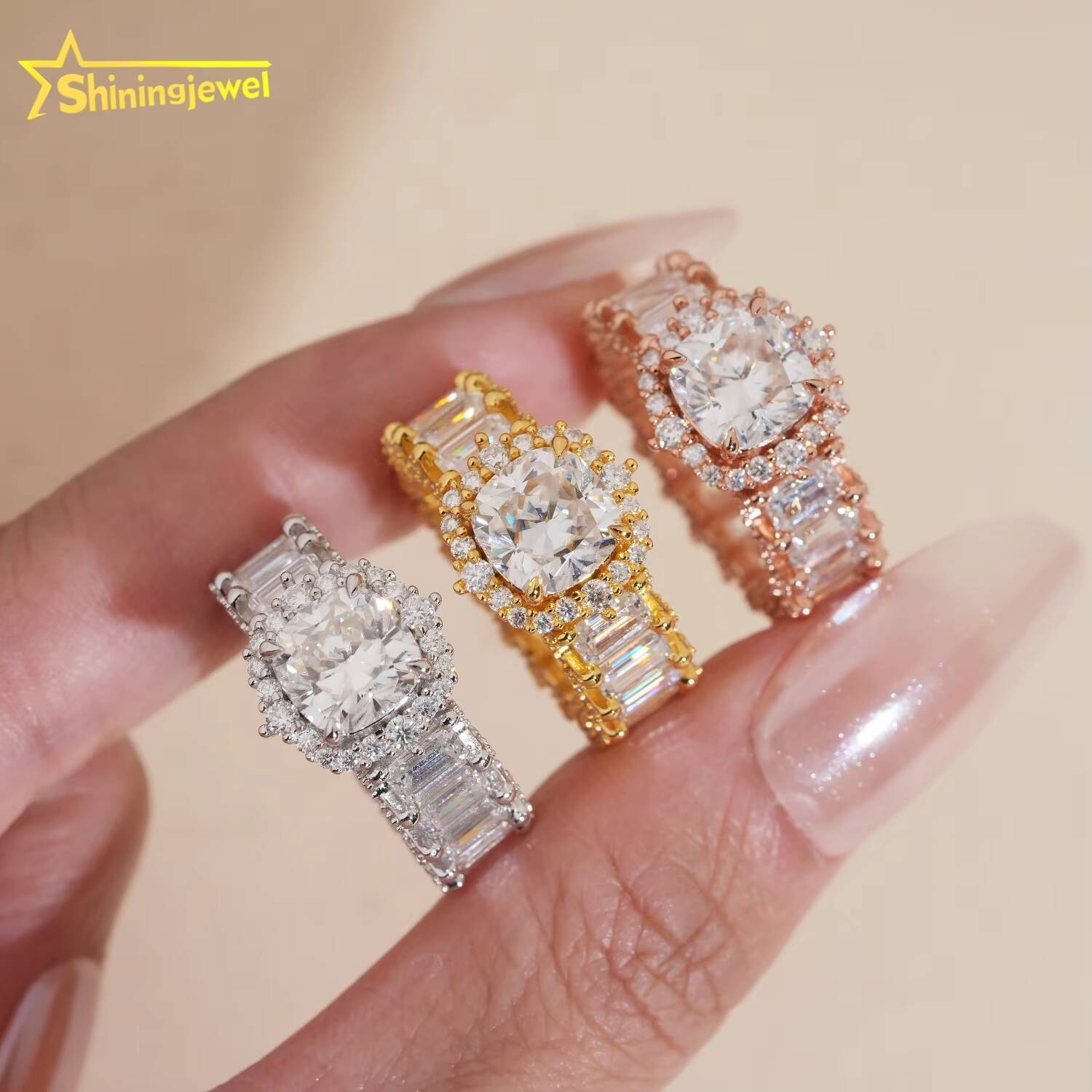 Fashion Iced Out Diamond Emerald Cut Band Women Engagement Ring VVS Moissanite Fine Hop Jewelry 925 Sliver Wedding Ring