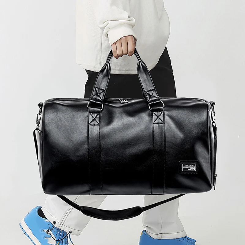 Large Sports Fitness Bag with Shoes Pocket for Men Black Soft Leather Big Gym Handbag Outdoor Sports Luggage Pack Tote Bags 251015