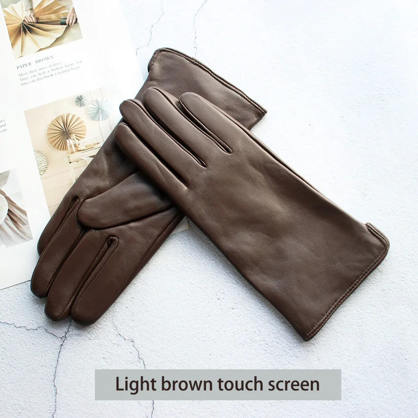 Color Sheepskin Leather Gloves Womens Straight Style Wool Lining FallWinter Warm Motorcycle Riding Car Driving Finger Gloves 251015