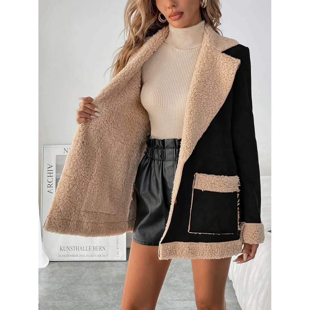 Elegant Women's Fleece-Lined Polyester Blazer, Solid Color, Long Sleeve, Woven Fabric, For All-Season Jacket