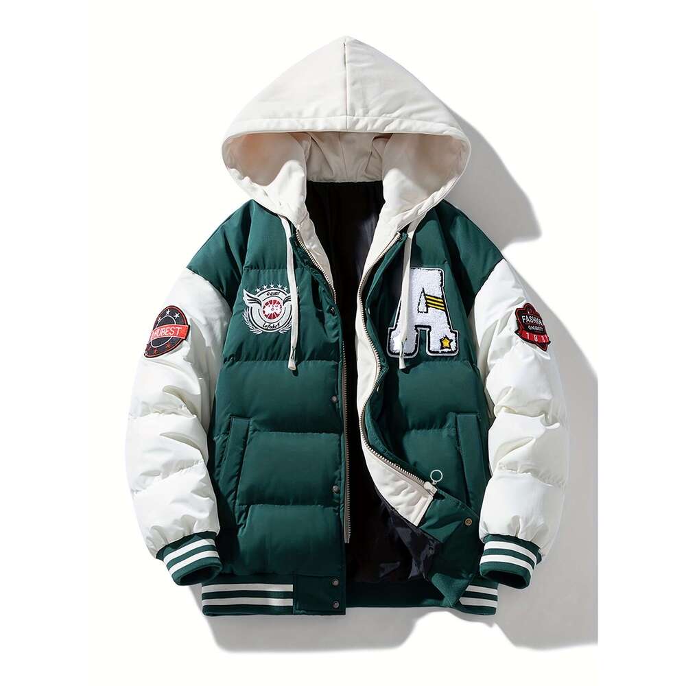 Men's Women's Heavyweight Hooded Red White Color Block Baseball Coat With Front Zipper Closure, Non-Stretch Fabric Outerwear Couples, Casual