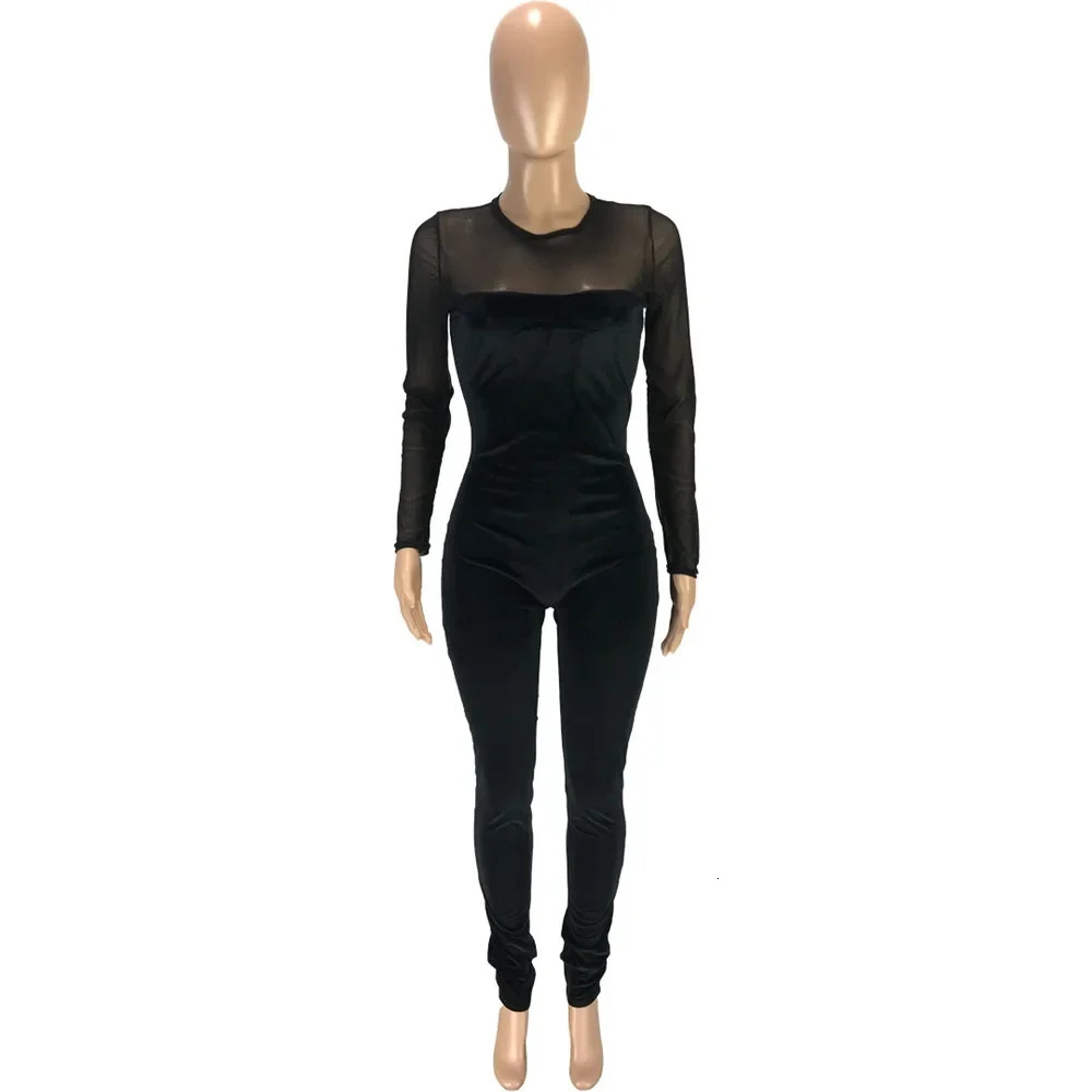 Sexy Sheer Mesh Patchwork Velvet Jumpsuit Women Long Sleeve Skinny Rompers Womens Jumpsuit Elegant Slim Bodycon Party Overalls 251016
