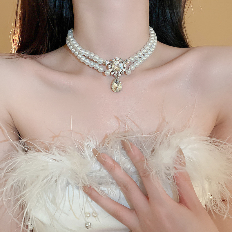 Inlaid Double Layer Teardrop Pearl Style French Elegant Clavicle Chain High-end Fashionable Graceful Necklace