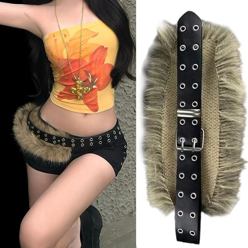 Brown Vintage Women Faux Fur Belts Y2K Aesthetic Accessories Punk Waistband PU Leather Belt Plush Waist Chain Fashion Decoration 251016