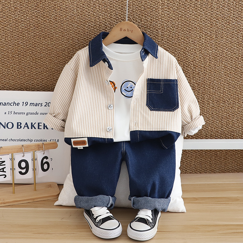 Boys' Spring and Autumn Set 2025 New Style Infant and Children's Long Sleeve Western Style Three piece Cowboy Set with Vertical Strips free 