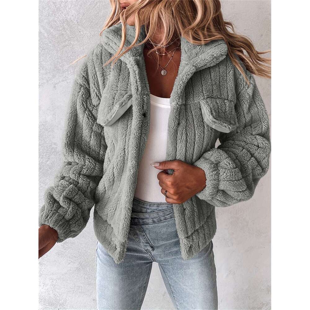 Pink Jacket Soft Pink Women's Plush Casual Jacket Hine Washable Stand-Up Collar Button Front Winter Coat | Fall/Winter Outerwear For Everyday Com