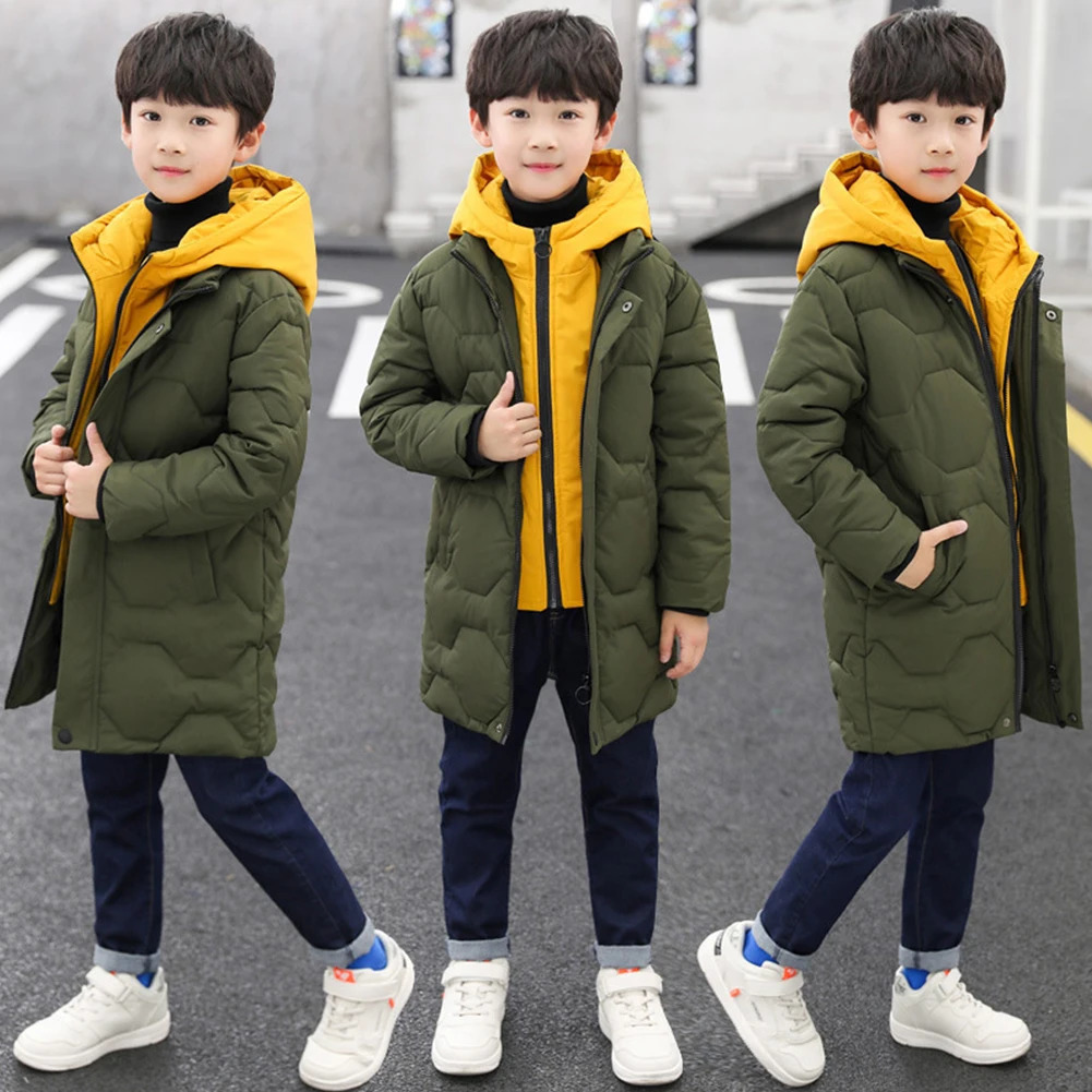 Boys Winter Down Cotton CoatFake TwoPiece Long Hooded Childrens Padded CoatTeens Puffer Quited OuterwearKids Warm Outfits 251017