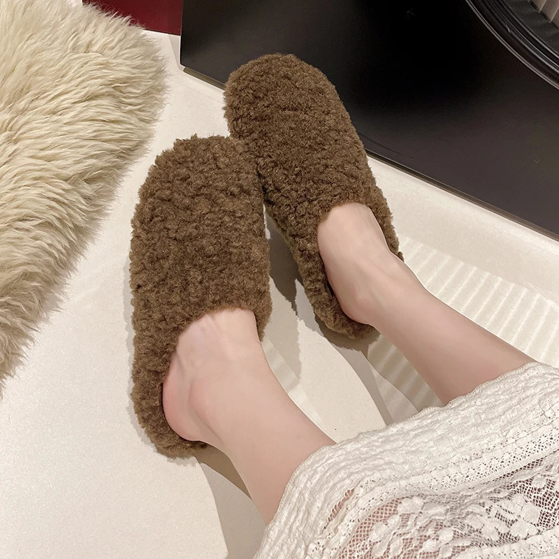 LazySeal Fleeces Solid Color Furry Slippers Women Baotou Fur Flip Flops Woman Sliders Flat With Slides Warm Slippers Indoor Shoe 251013
