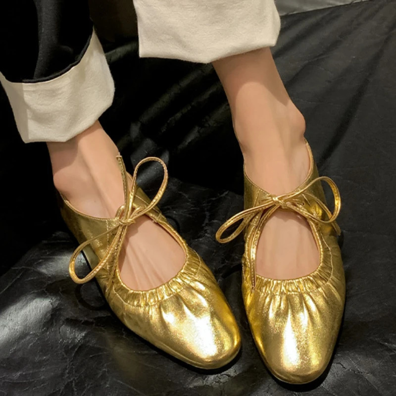 Women Flat Soft Laceup Loafers Female Spring Fashion Silver Mary Jane Single Shoes Ladies Casual Dress Outdoor Ballet Shoes 251017