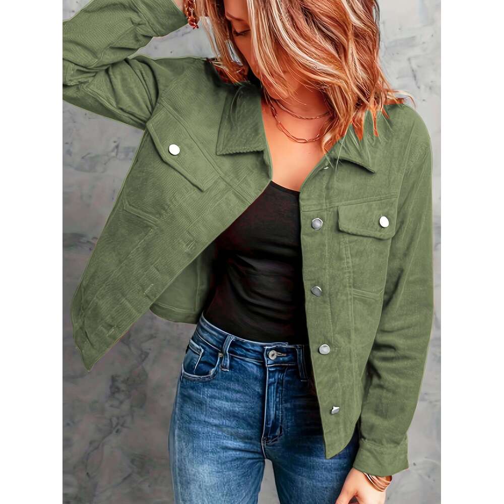 Corduroy Button Front Flap Pockets Jacket, Casual Long Sleeve Jacket For Spring & Fall, Women's Clothing
