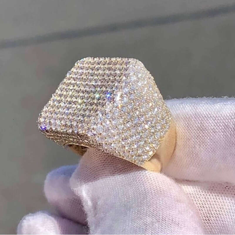 Men's Style Signet 14k Iced Bright Round Cut Lab-Grown Hip-Hop Jewelry Rapper Pinky Ring