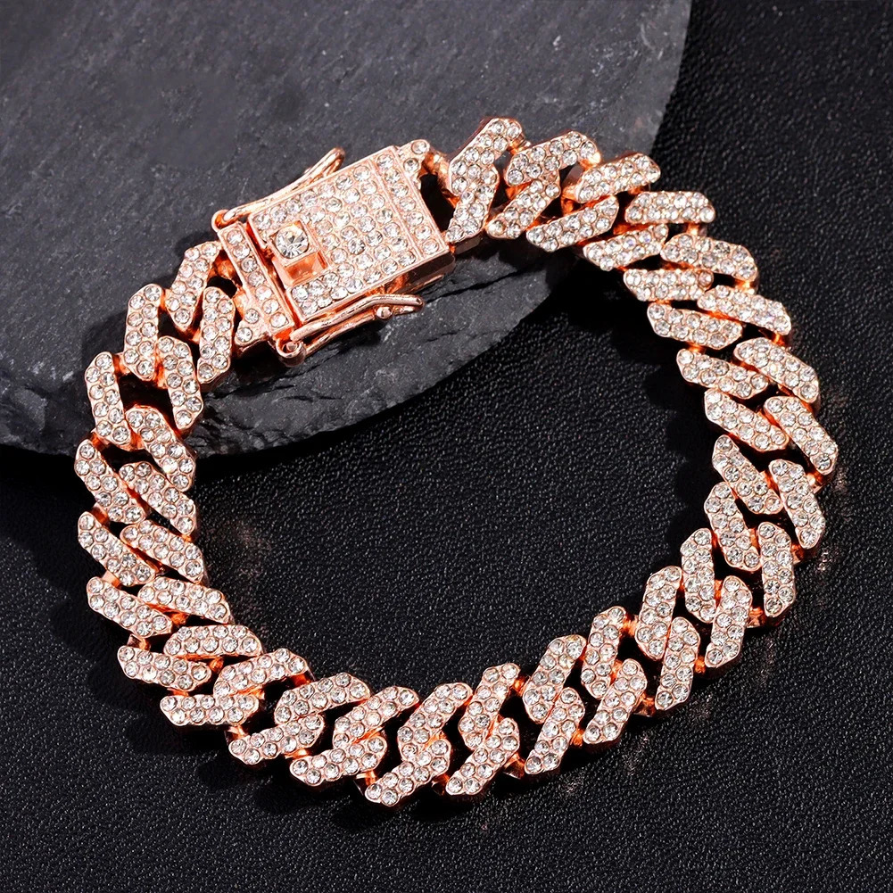 12MM Rhinestones Prong Iced Out Cuban Link Chain Hip Hop Bracelet Men Women Gold Color Bling Cuban Bracelet Jewelry A 251018