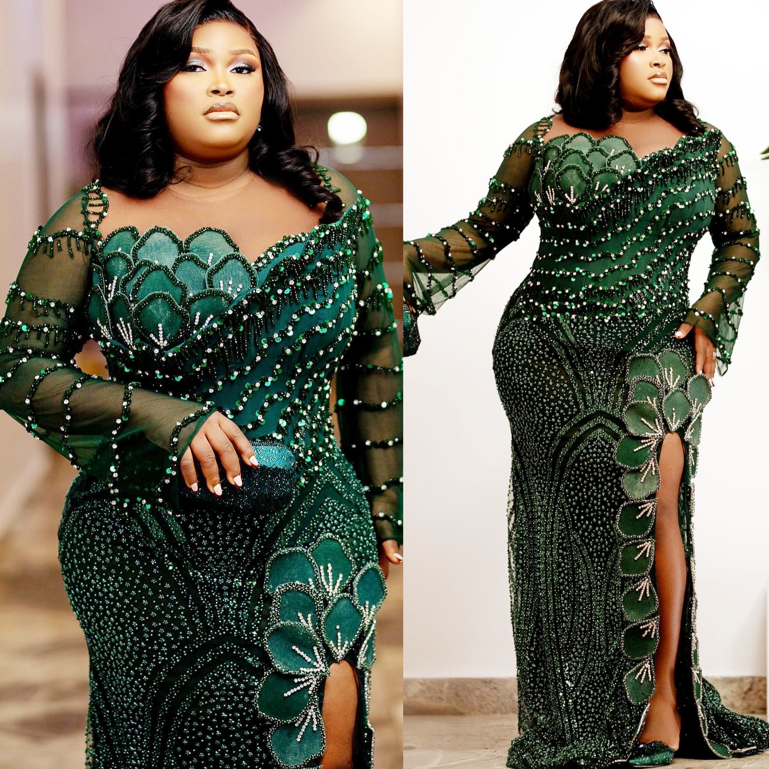 Sheath Dark Green Prom Dresses 2025 Florals Crystals Full Sleeves Evening Formal Party Second Birthday Engagement Gowns Plus Size Dress For Special Oc