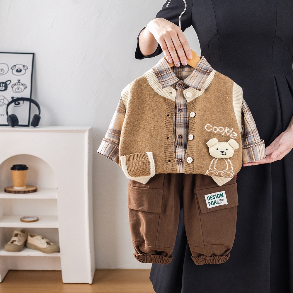 Baby Spring and Autumn Set 1-3 Year Old Boys' Bear Sweater 3-Piece Set Trendy Children's Korean Version Clothes Children's Clothing Tre