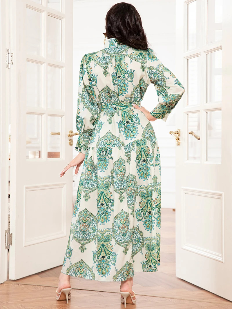 Elegant style High collar Flowers Belt Shirt sleeve Mid Long Dresses Mint green 251017