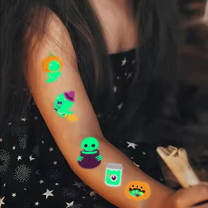 10Sheets Halloween Luminous Tattoo Stickers Ghost Pumpkin Kids Adults Halloween Party Decoration Glow In The Dark Supplies Gifts 251010
