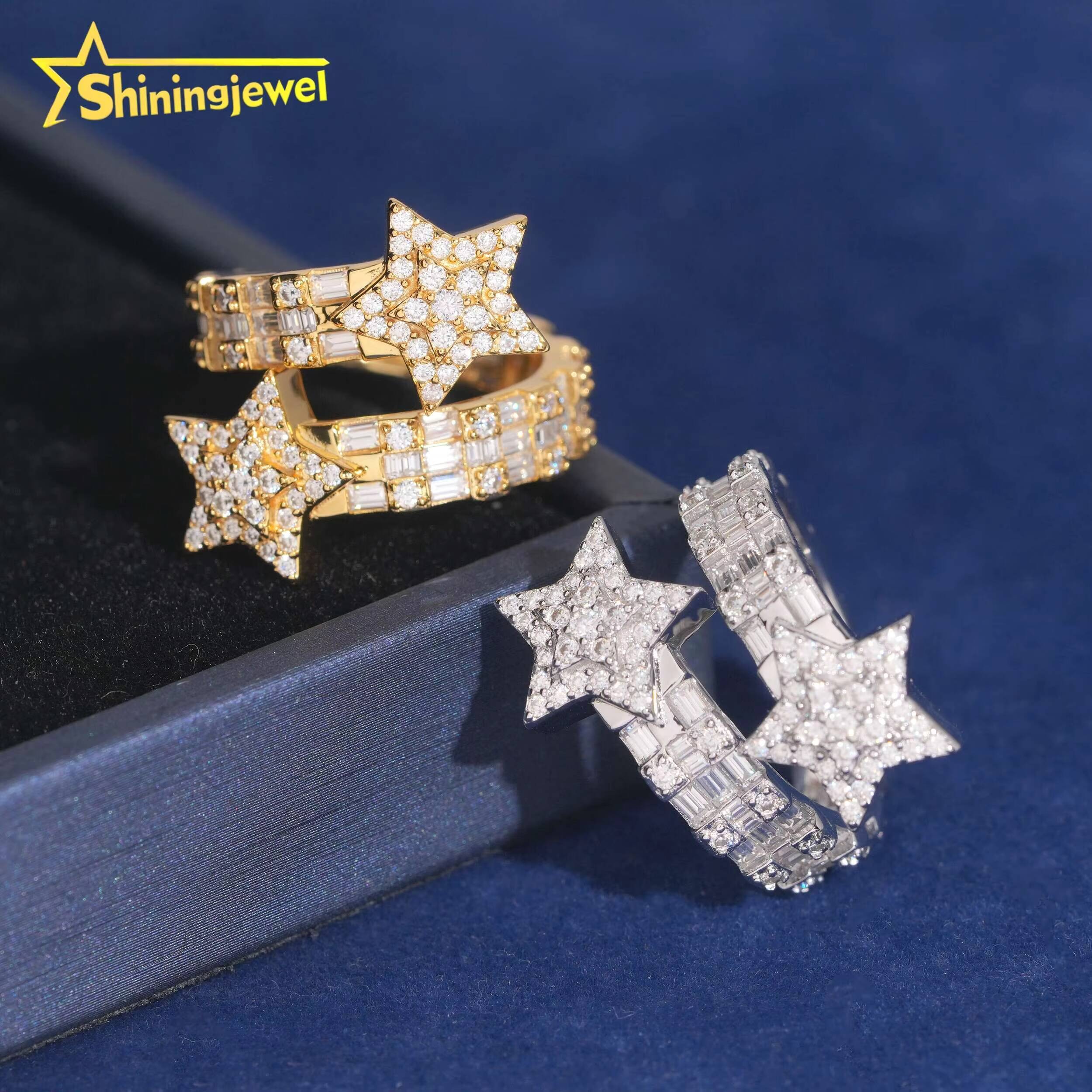 Pass Diamond Tester Full Iced Out Star Shape Hip Hop Rapper Jewelry VVS Moissanite Baguette Diamond 925 Silver Men Ring