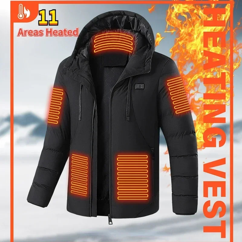 Mens Winter 11 Areas Heated Jacket USB Electric Heating Parka Selfheating Clothes Ski Windproof Hooded Padded Coat 6XL 251018