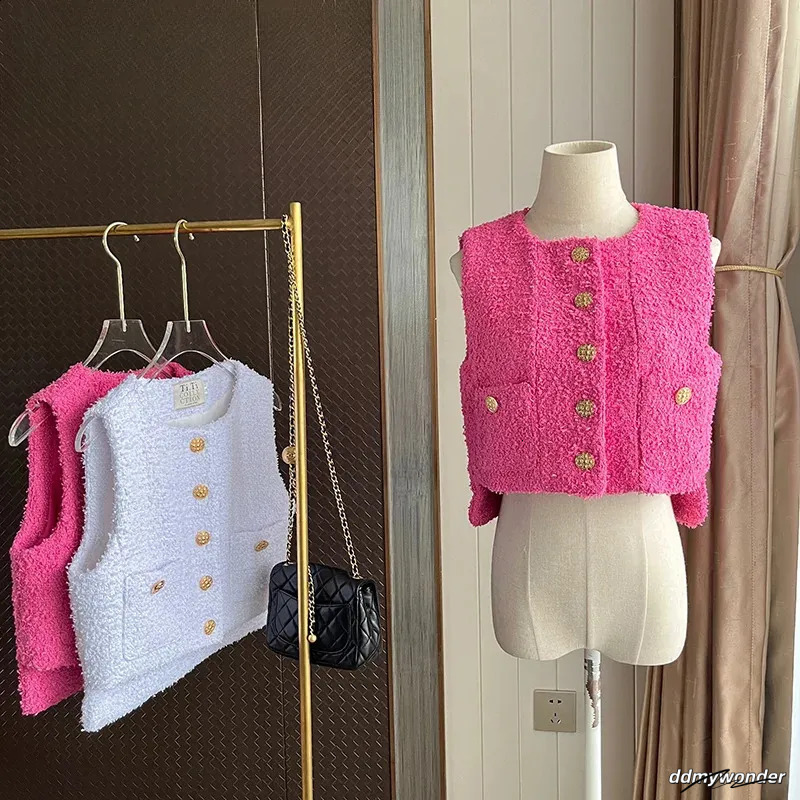 Tweed Vest Womens: Elegant O-Neck Sleeveless Wool Jacket, Korean Style Jacket. Lightweight Pink And White Coat For Women Ddmywonder