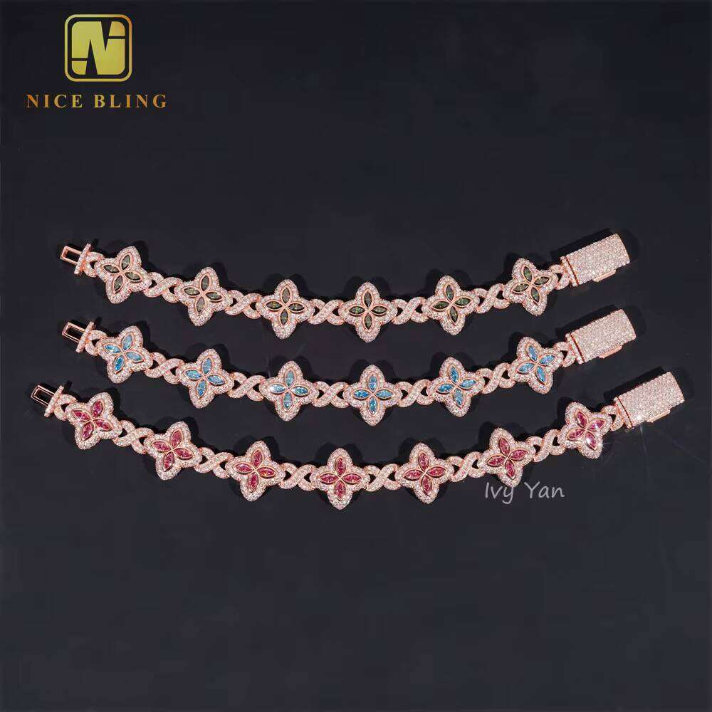 Rich Color Luxurious Floral Design 18mm Iced Out Hip Hop Unisex Jewelry Cuban Chain Sier VVS Sandstone Bracelet