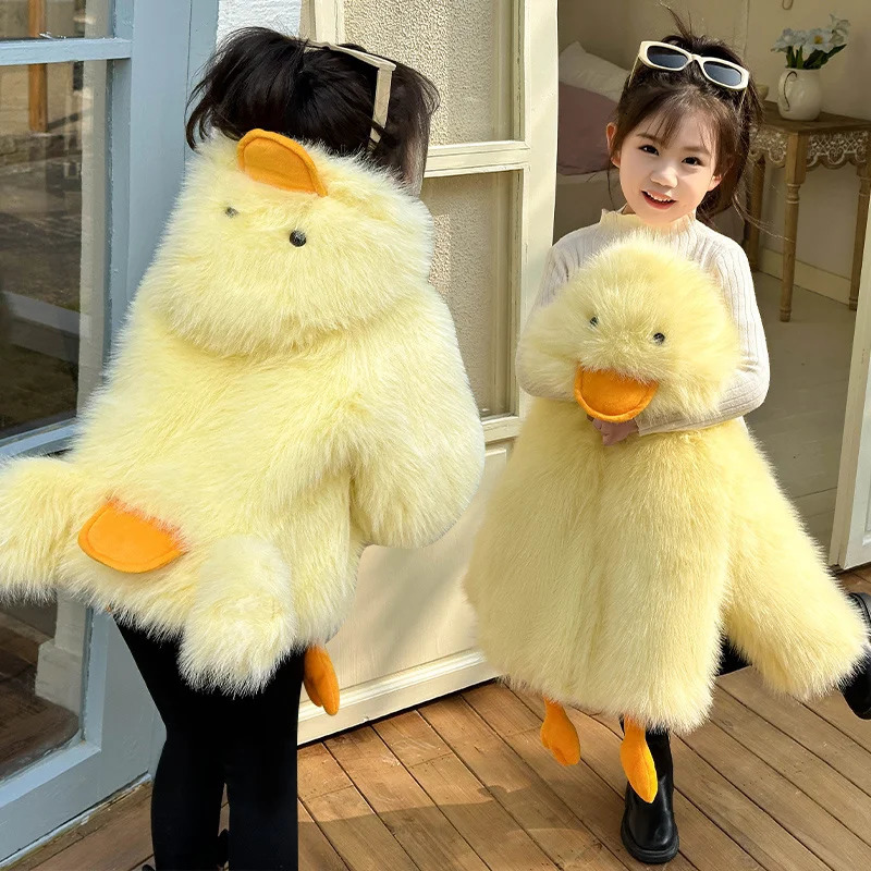 Baby Girl Cute Duck Pattern Fur Coat With Hood Wool Blends Jacket For Child Autumn Winter Kids Cartoon Duck Clothes 2 4 5 7 9 11 251015