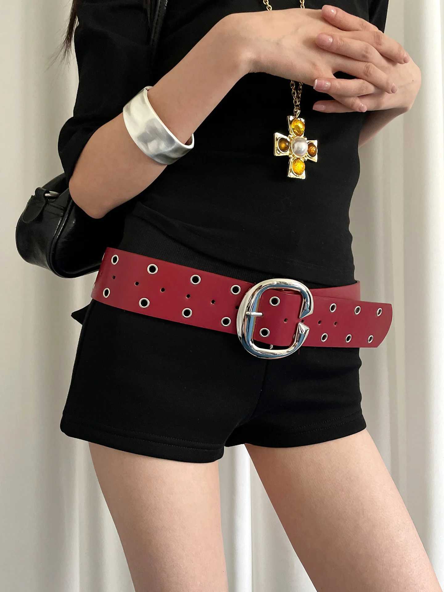 Heavy Industrial Punk Style DoubleRow Hole Decoration Wide Version Belt For Women A Niche And Versatile Leather Belt W251018