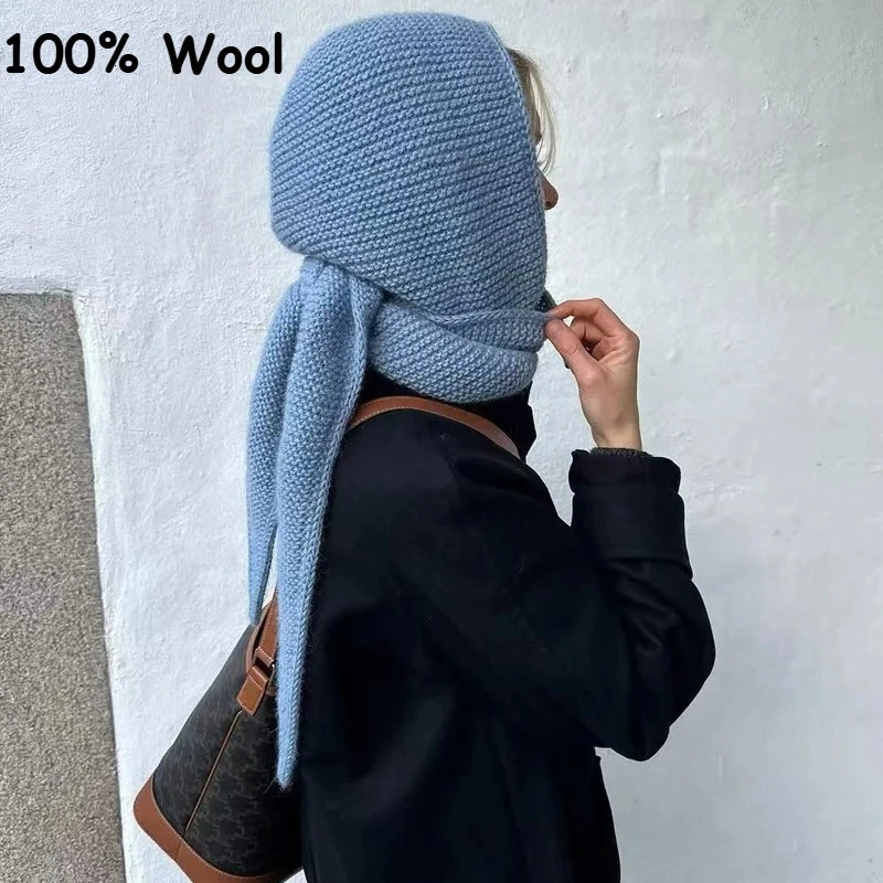 100 Wool Big Sophie Scarf Oversize Hood Balaclava Winter Hat Ear Protection Windproof Warm Bomber Hats Women Fashion Beanies 251016