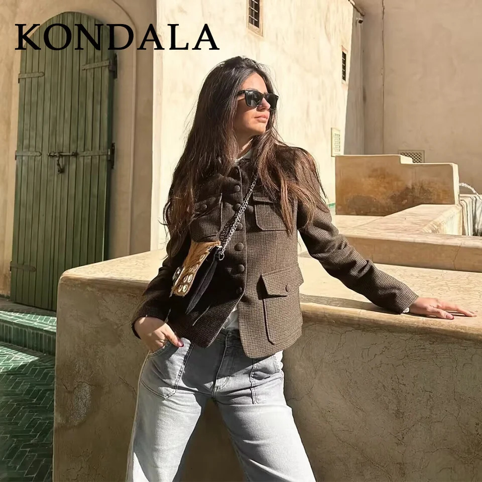 KONDALA Fall Winter Plaid Womens Vintage Jackets Fashion Country Brown Single Breasted Pockets Chic Ladies Elegant Jackets 251009