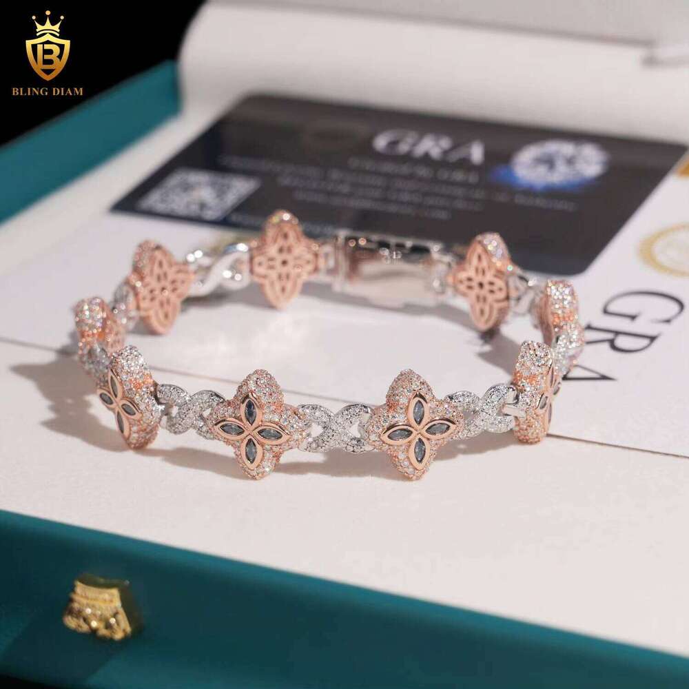 15mm Two-tone Flower Four-leaf Clover Sier Hip-hop Men's Jewelry Iced Cuban Chain Moissanite Infinity Rose Gold Pink Bracelet