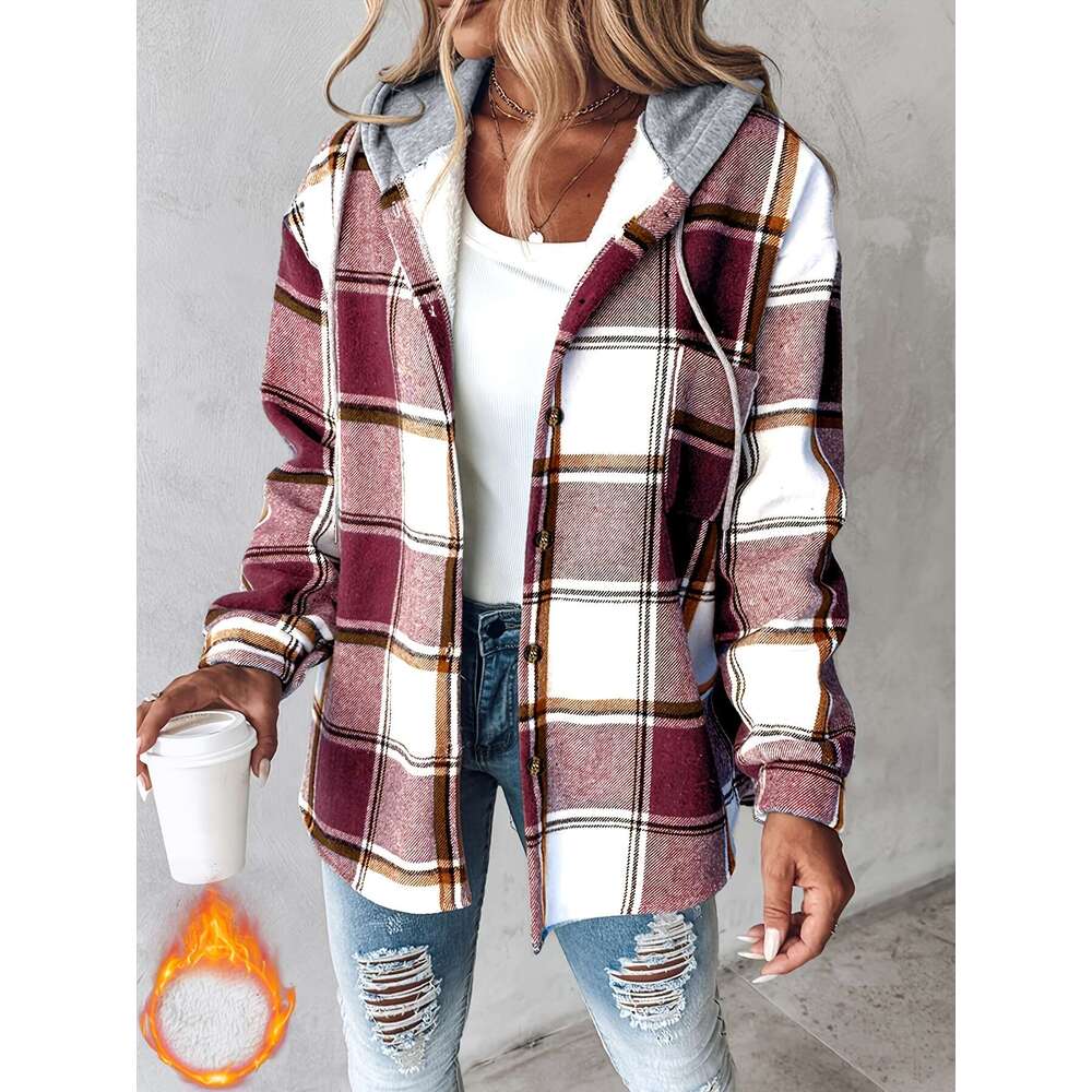 Women's Plaid Hooded Jacket With Fleece Lining - Cozy Winter Adjustable Drawstring Hood & Button Front, Warm Outerwear For Fall And Winter, Hine 