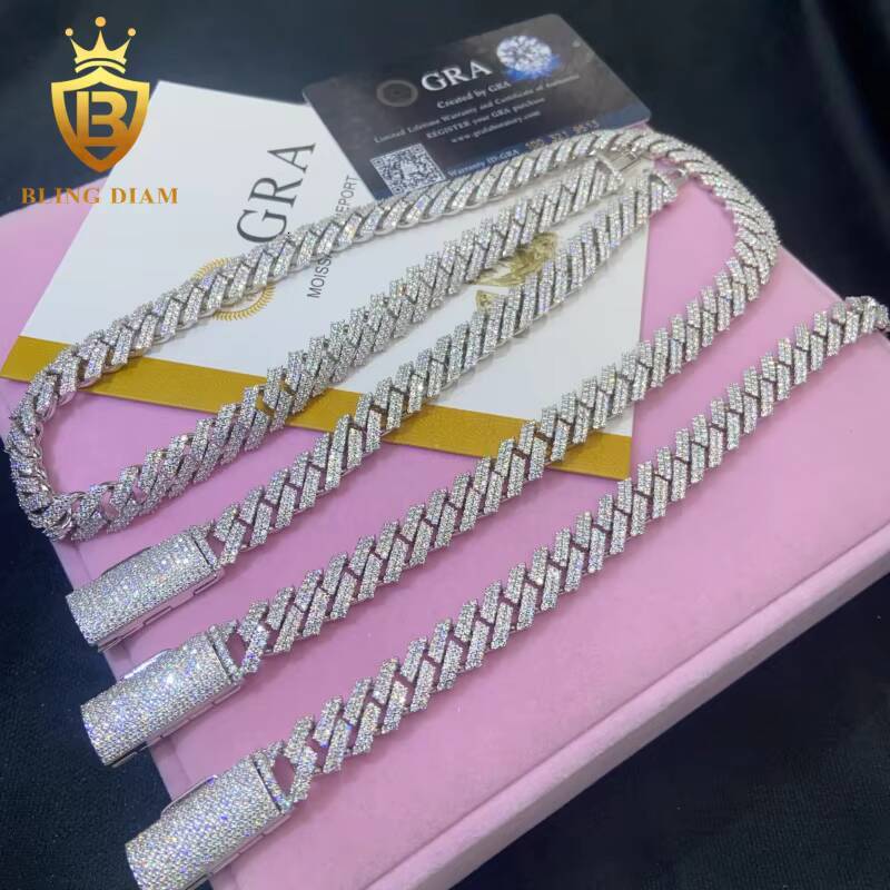 In Stock HipHop Style S925 Moissanite 12mm Cuban Chain Pass Diamond Tester Iced Out Moissanite Necklace Chain Silver with GRA