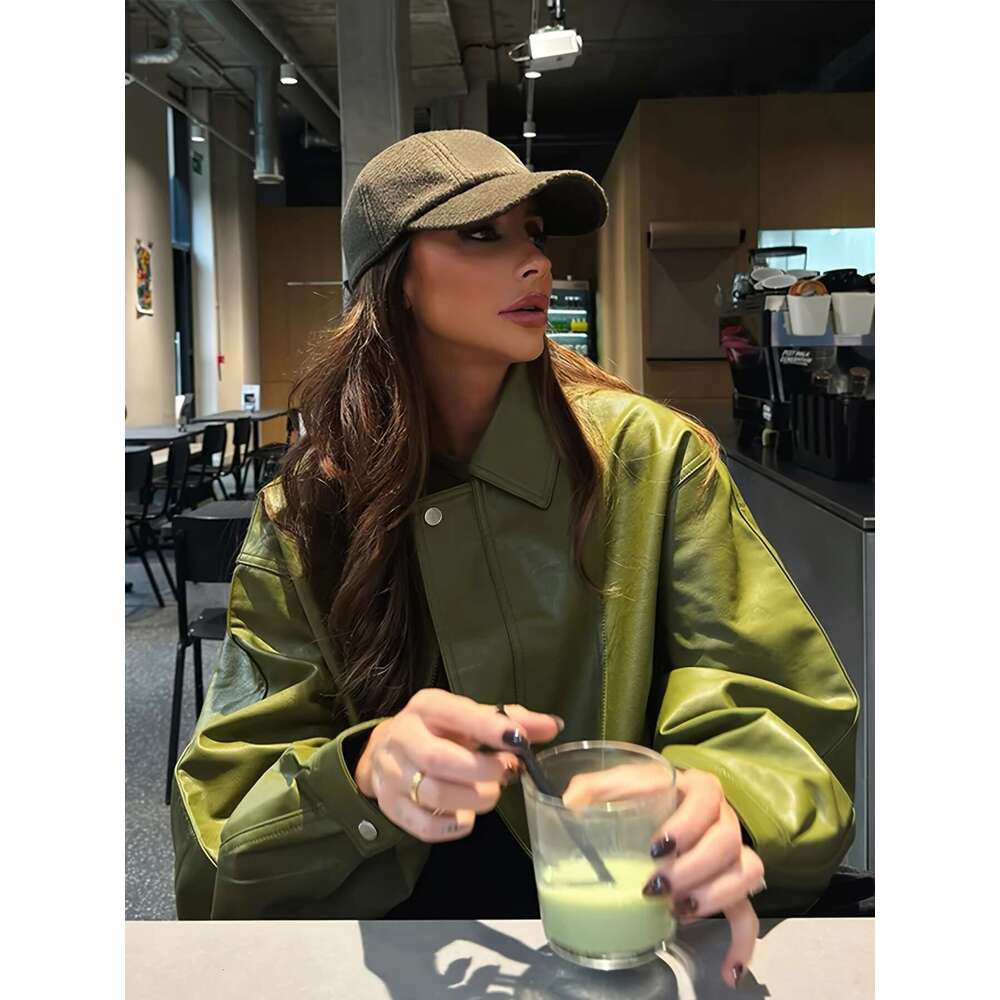 Women's Olive Green Retro Street Style Jacket - Loose Fit Drop Shoulder Zip-Up Casual Coat With H-Silhouette, Long Sleeves & Solid Color Design F