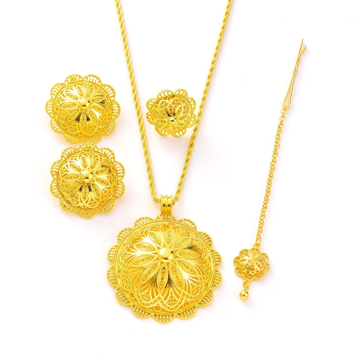 Dubai Arab Women Exquisite Jewelry Set Big Pendant Necklace Ring Earrings Head Chain African Bride Wedding Tradional Gift 251016