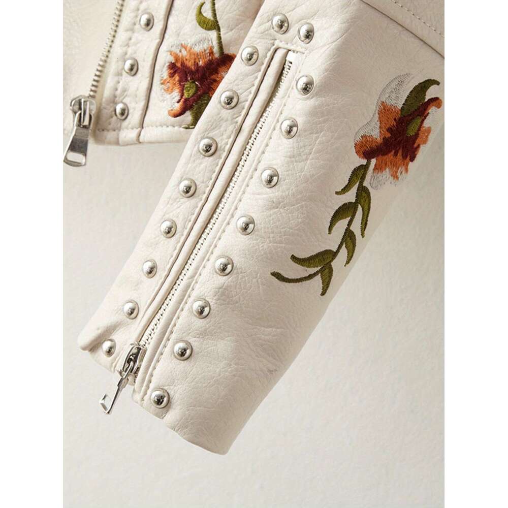 Women Floral Embroidered Moto PU Jacket Coat