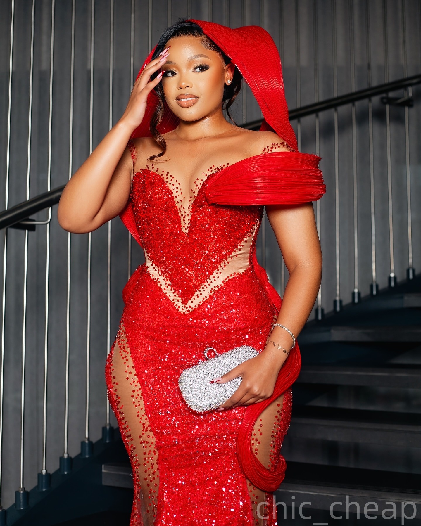 Red Mermaid Prom Dresses 2025 Crystals Illusion Stylish Sequined Evening Formal Party Second Birthday Engagement Gowns Plus Size Dress For Special Occ