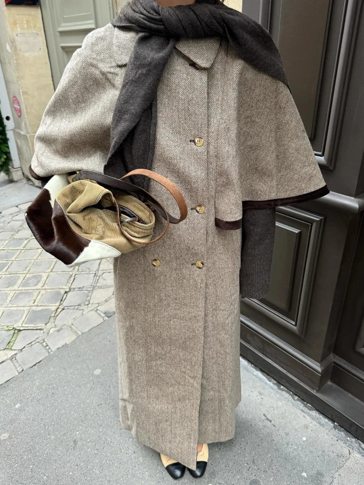 Elegant Double Breasted Cloak Long Coat Women Retro Chic Plaid Lapel Jackets Coats Female 2025 Autumn Classic Street Outwear 251010