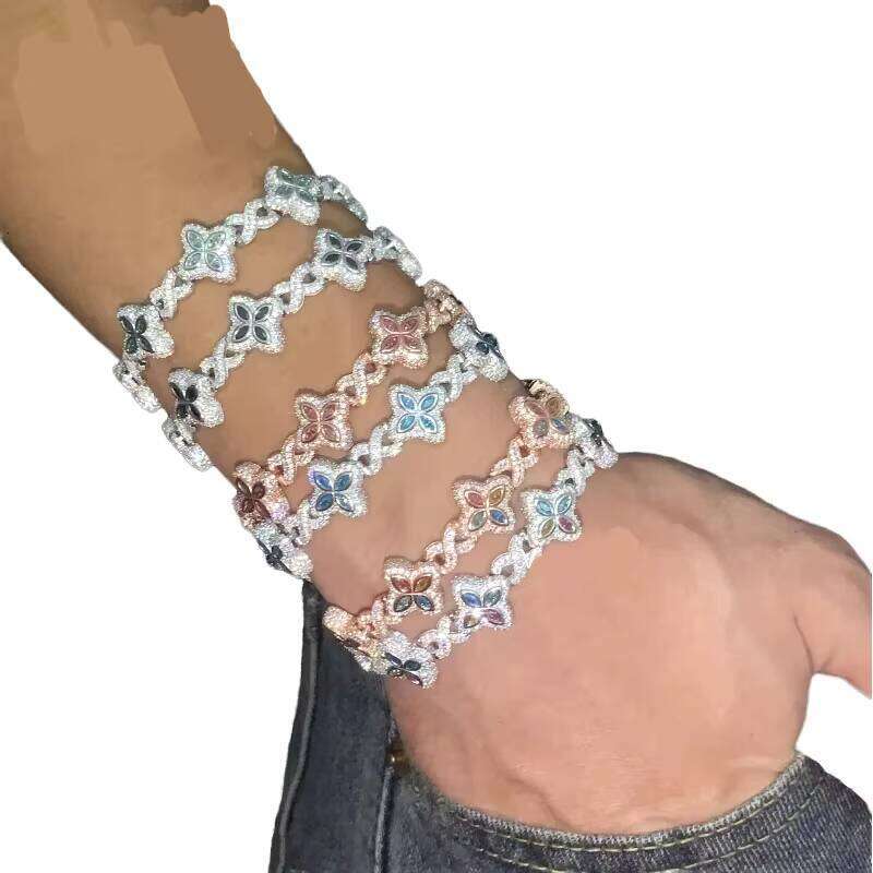 Cuban Chain Hip-Hop Iced Monis Marquise Infinitas Floral Design Unisex Sterling Sier Bracelet